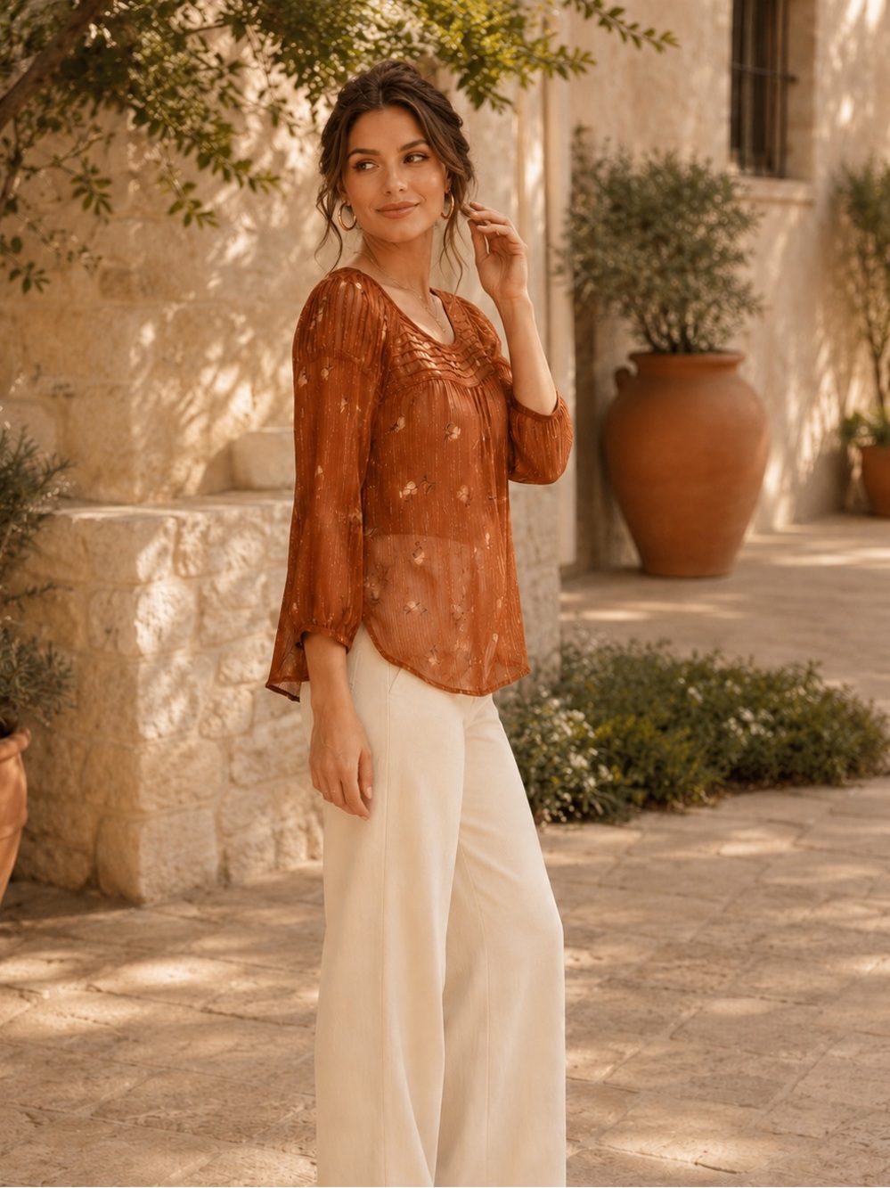 Lauren Conrad Rust Floral Metallic Sheer Peasant Blouse Size M